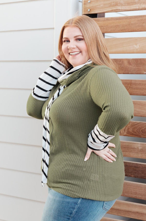 Secret Stripes Cowl Neck Top in Olive