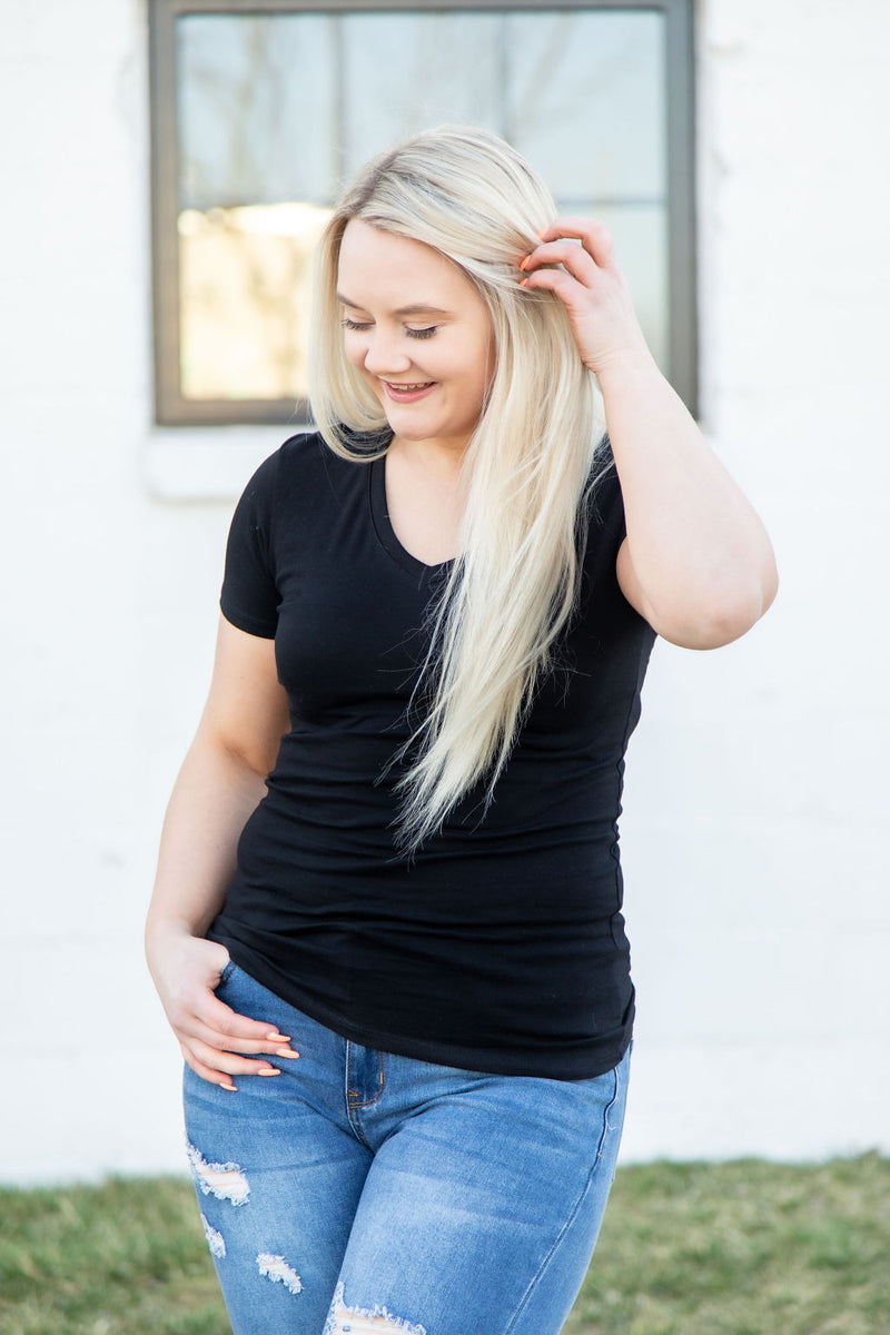 Black Basic V-neck Tee fitted T-shirt