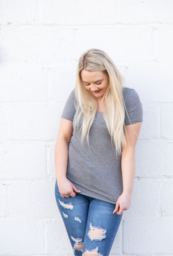 Grey Basic V-neck Tee fitted T-shirt