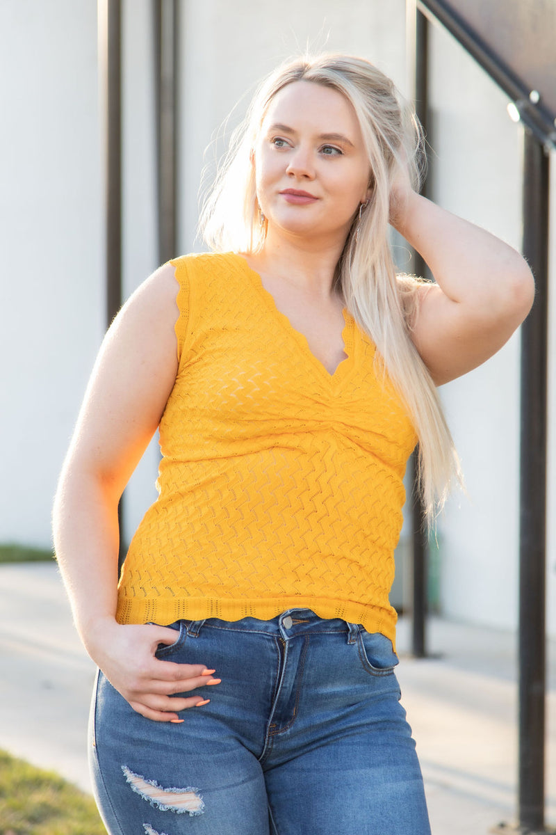 Women's yellow Sweater V Neck Tank, scalloped edging, V-neck, one size fits all