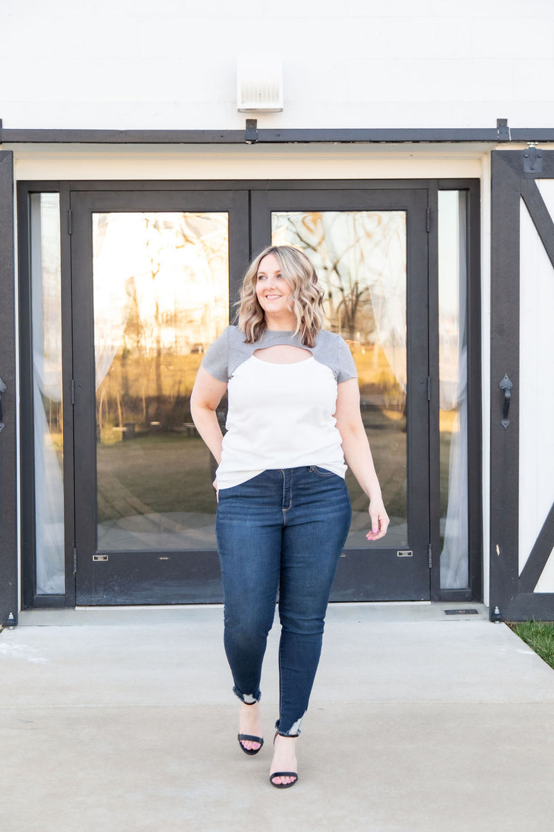 Women's Crew Neck Color Block Cut Out Top, T-shirt, grey and white, color blocking