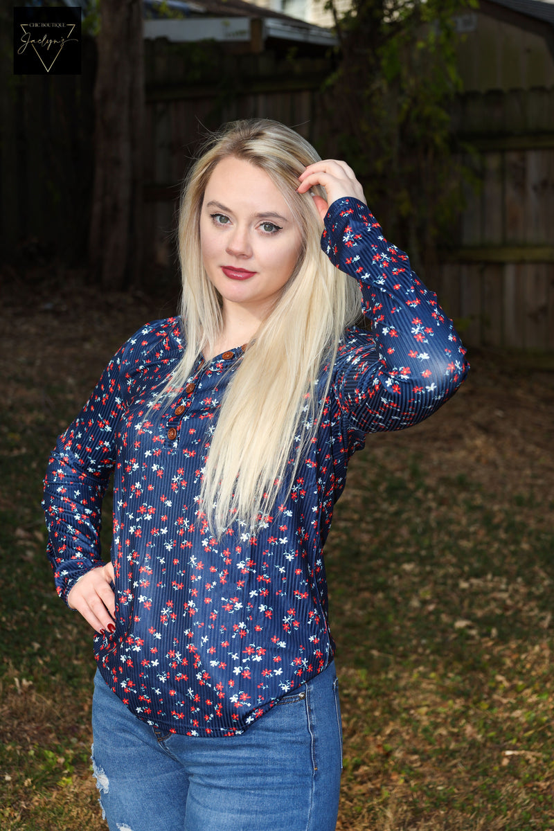 Women's Navy Long Sleeve Floral Top, wooden buttons, V-neck, ribbed material