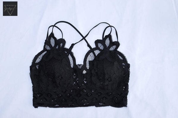 Black Lace Bralette, floral lace detail, padded, smocked back crisscrossed adjustable straps