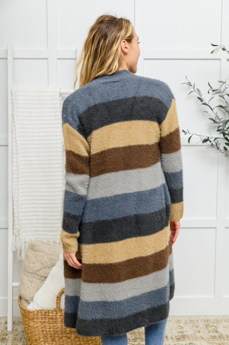 Fuzzy Longline Cardigan In Blue & Cocoa