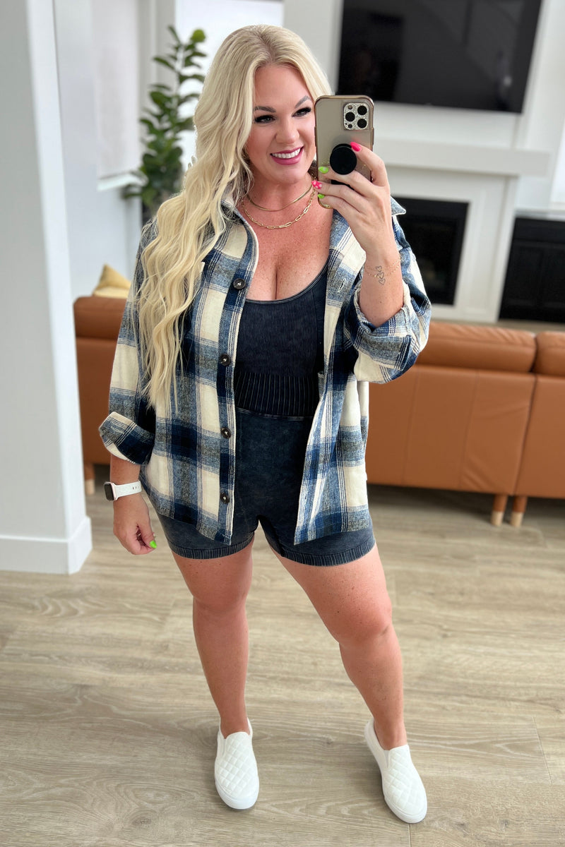 Oversized Longline Plaid Shacket in Navy