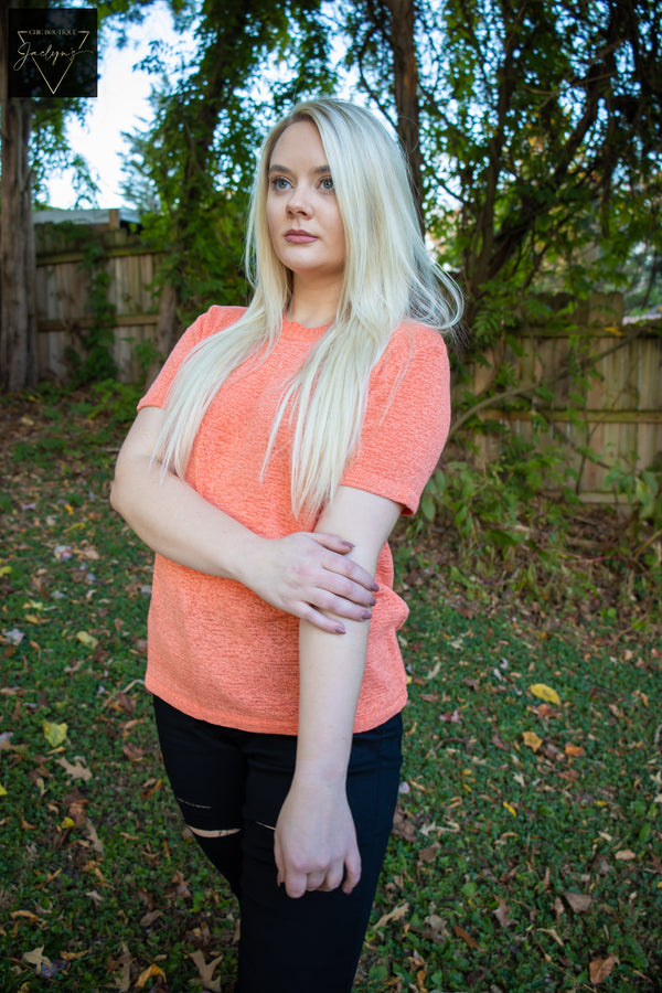Vibrant and chic Orange Short Sleeve Knit Top, crew neck, relaxed fit, lightweight