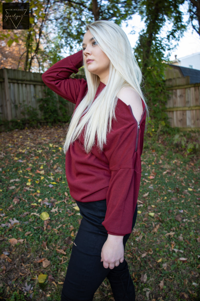 Women's Red Wine Zip Knit Top, boat neckline, shoulder zipper, long sleeves, chic and modern