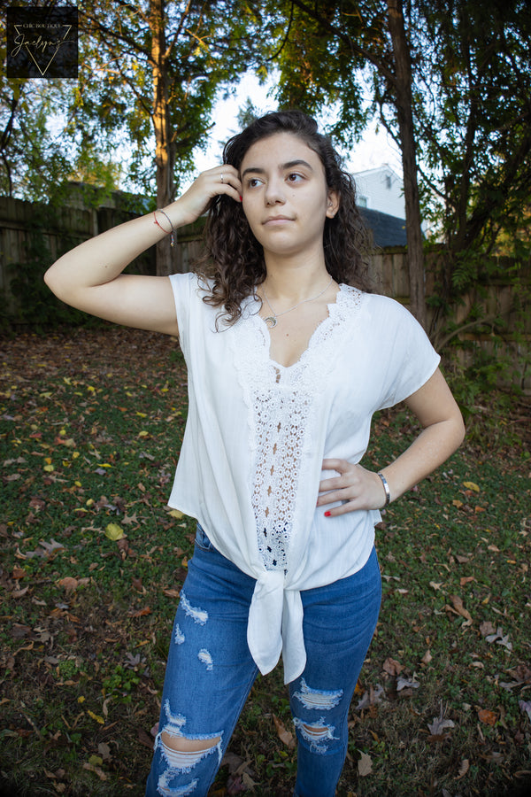 Women's White Lace Tee With Knot, crochet details in front, lightweight semi transparent material, tie front