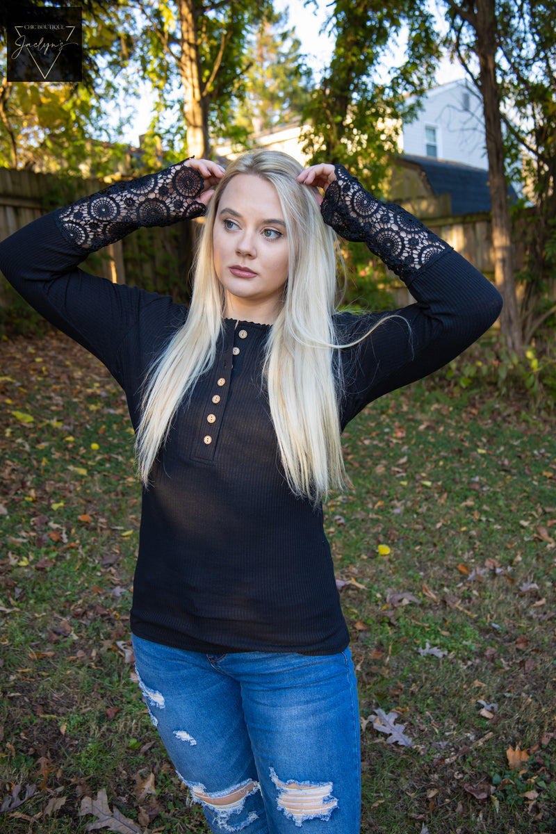 Women's Crochet Lace Sleeve Top, black Henley shirt, ribbed material, crochet lace sleeves, long-sleeved