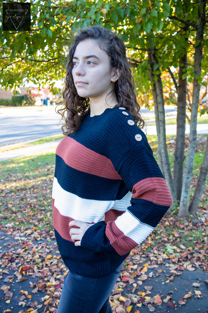 Quality Button Detailed Color Block Knit Sweater 