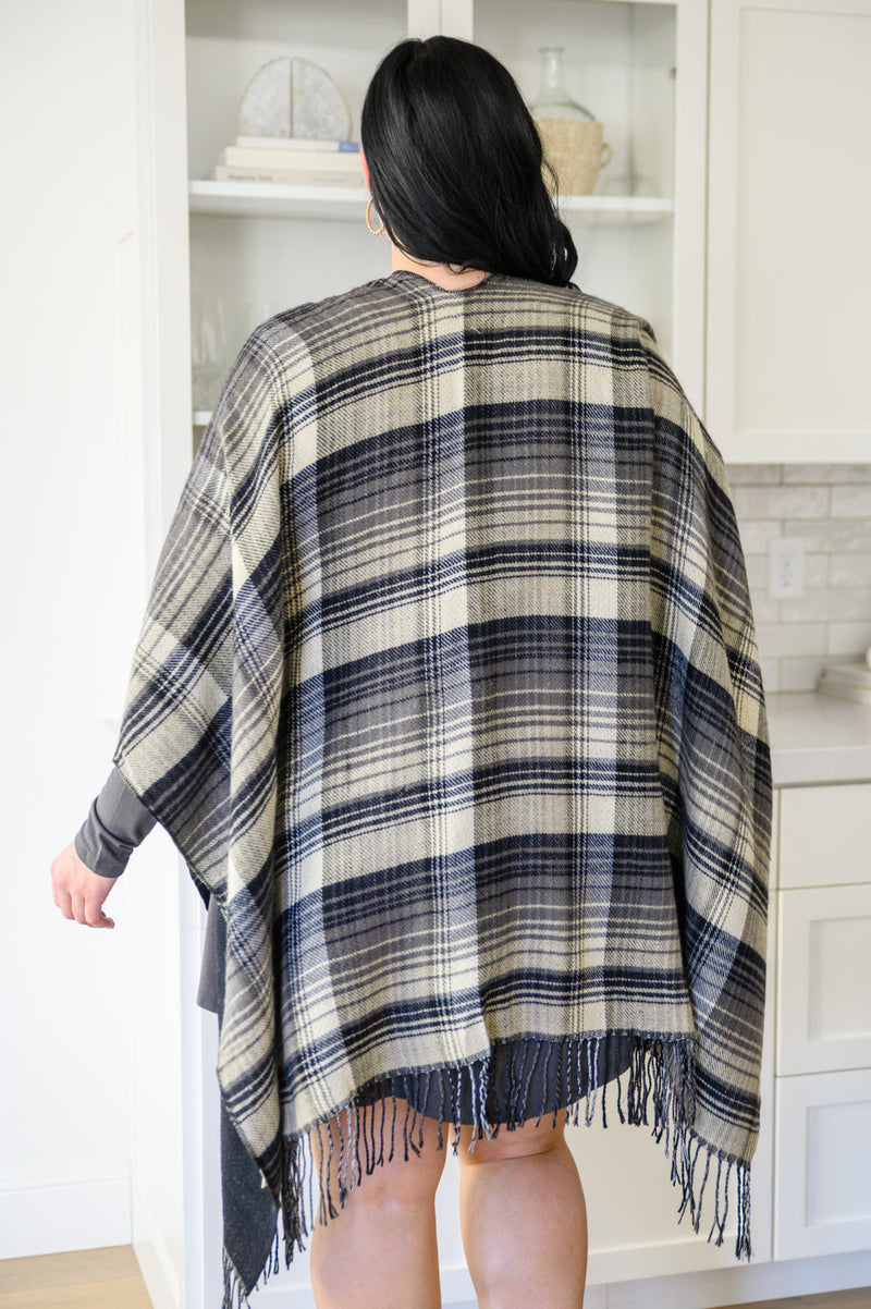 Plaid Fringe Trimmed Open Poncho in Black