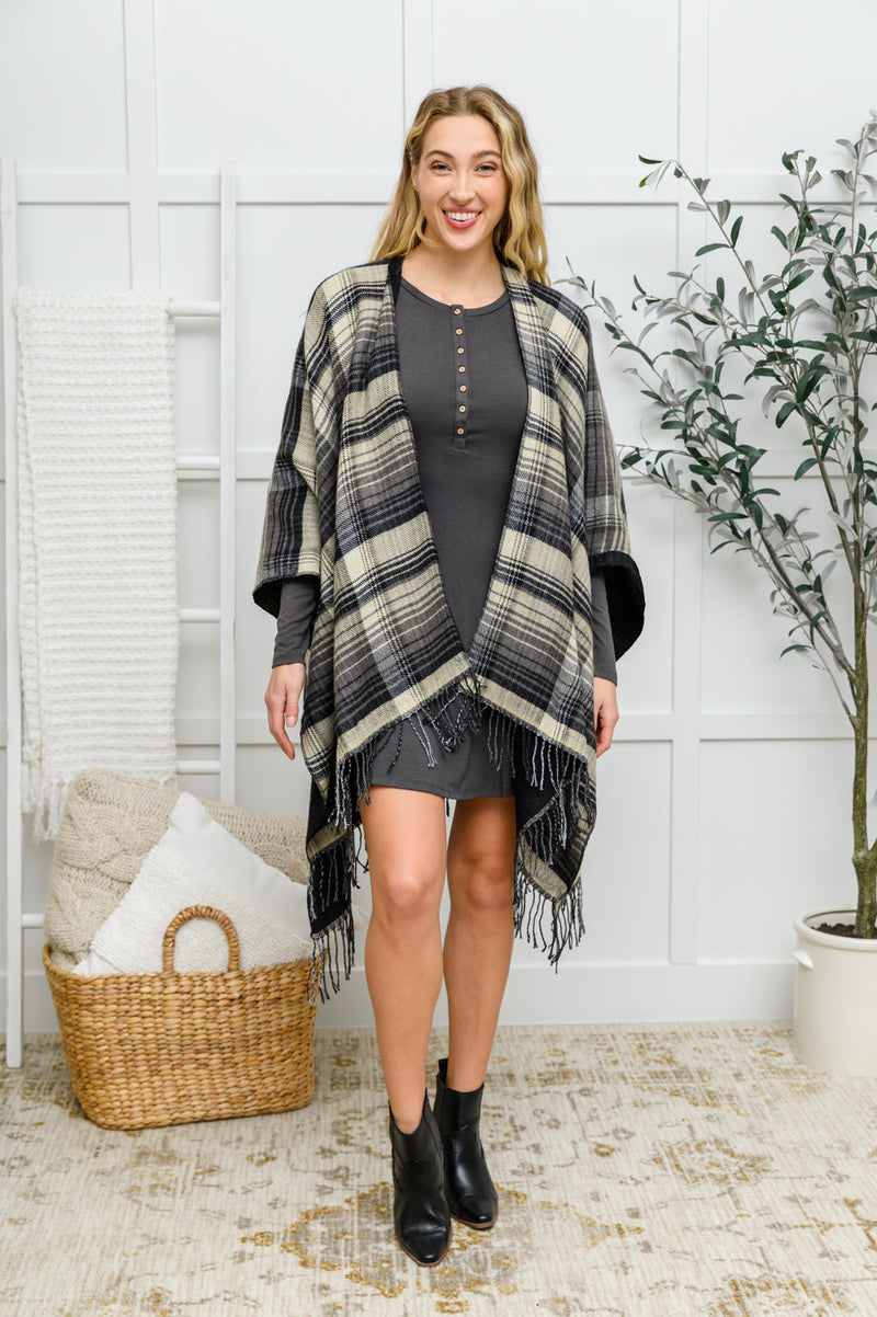 Plaid Fringe Trimmed Open Poncho in Black