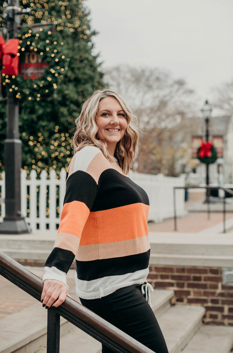 Women's Orange Colorblock Knit Sweater, drawstring detail, color block top. pullover crewneck.