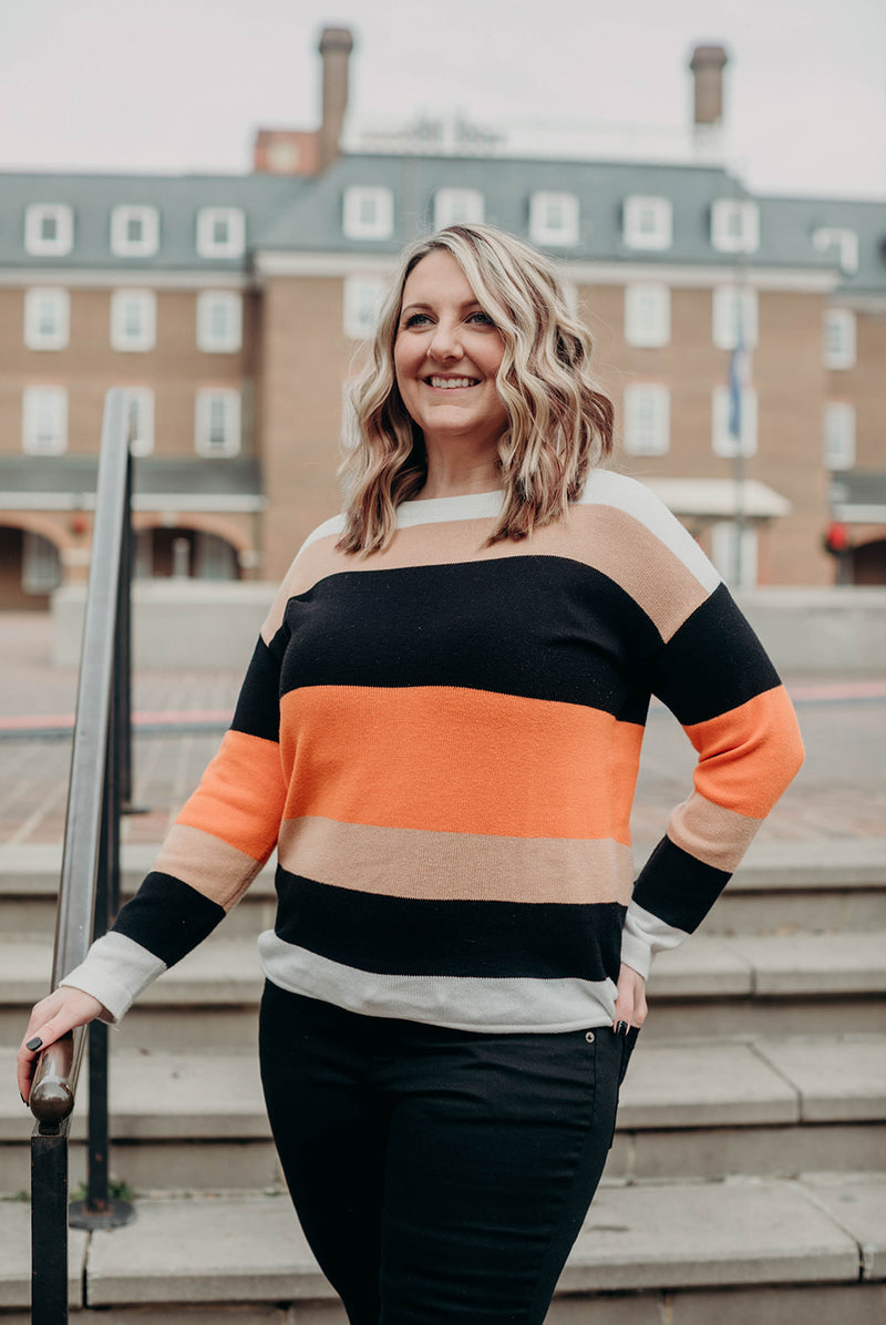 Women's Orange Colorblock Knit Sweater, drawstring detail, color block top. pullover crewneck.