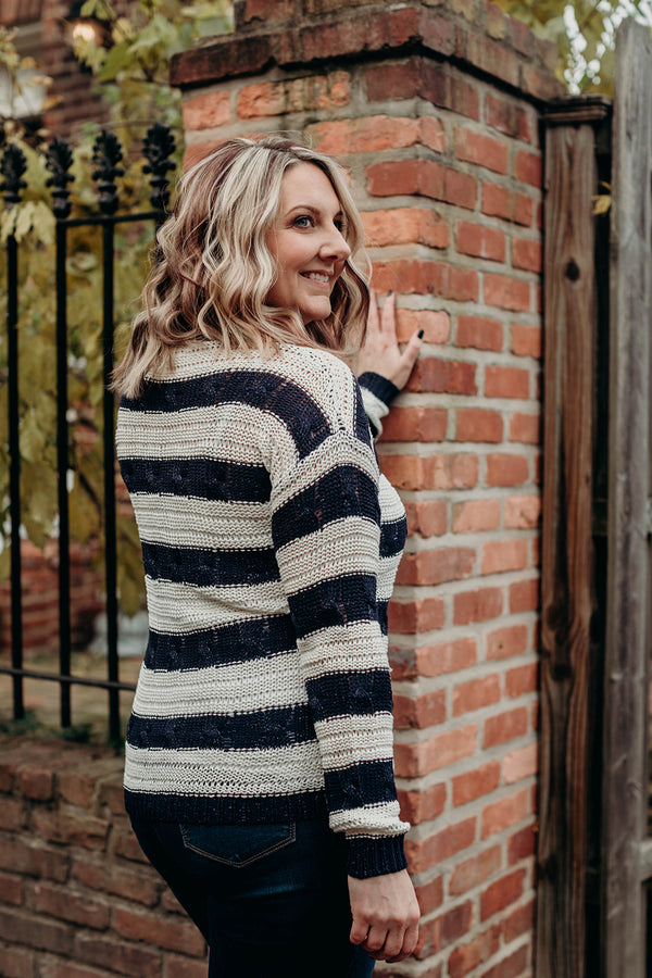 Navy Sparkle Striped Knit Sweater, women's navy and white striped sweater. sparkle throughout, comfortable and lightweight