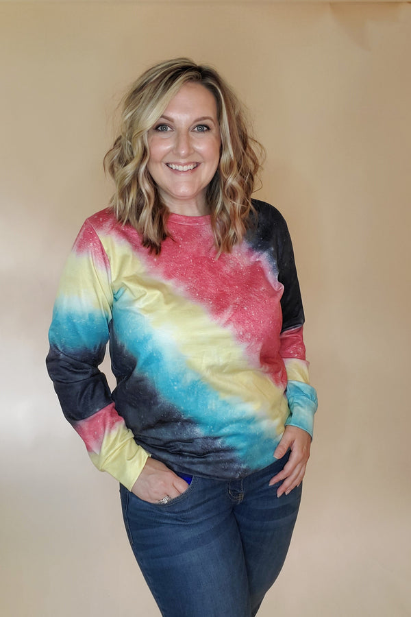Ombre Tie Dye Long Sleeve Top, Long-sleeved, crew neck, casual.