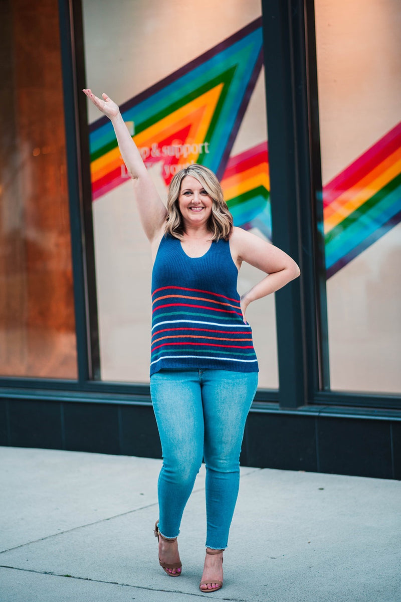 Women's Navy Multicolor Stripes Knit Tank Top,  V-neck, lightweight knit sweater tank,