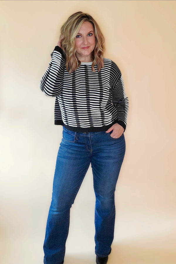 Women's Shadow Striped Sweater, black and white stripes, slightly cropped hem, long sleeves, crew neck
